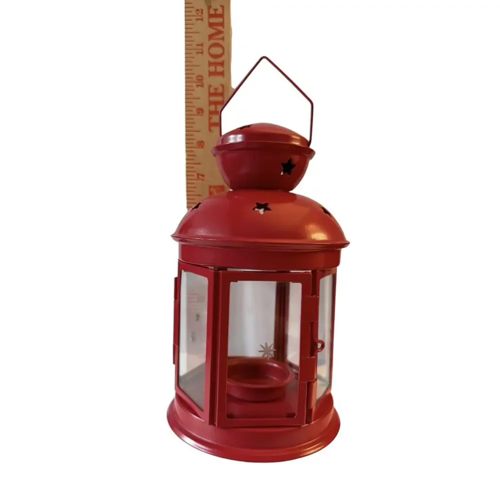 IKEA Rotera Lantern Red Tea Light Candle Holder Metal Glass Hanging Star Cutouts